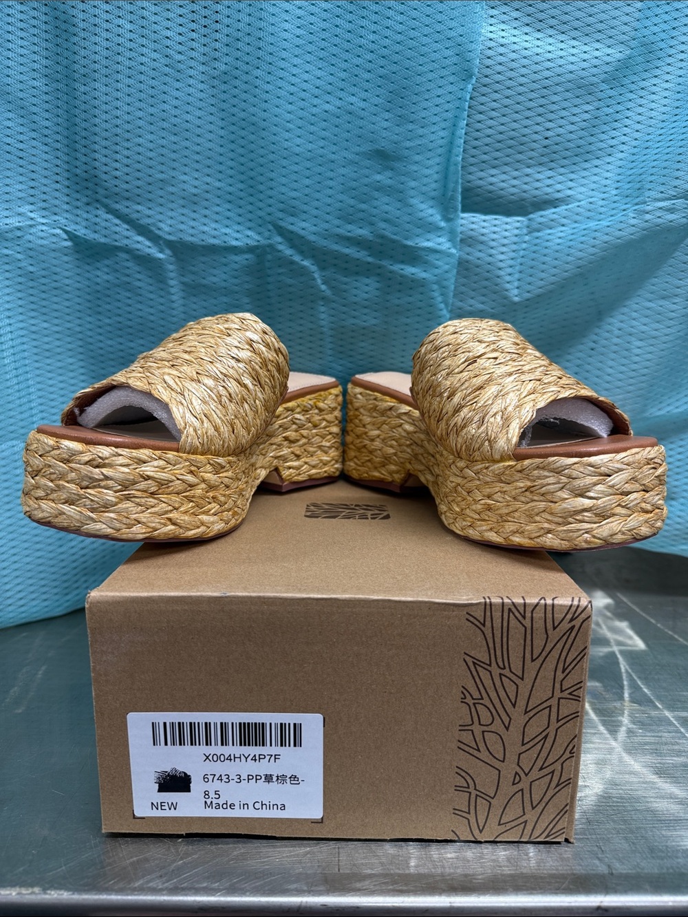 Woven Platform Slide Sandals in Natural Straw